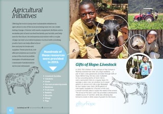 In 2013, 700 children on the campus of Star School in
Rwanda received two new, very large residents . . . a
pair of dairy cows generously provided through Gifts of
Hope. Before long, the two cows multiplied
to four, providing plenty of fresh milk to
every sponsored child on a regular basis. On
average, a dairy cow can produce six to seven
gallons of calcium-rich milk a day. Multiplied
by four happy cows, that’s 24-28 gallons of
milk readily available for a fraction of the cost
it would normally take to supply the needs of the school.
The arrival of the dairy cows has provided a wholesome,
reliable source of nutrition, while also allowing Star
School to invest in other areas of growth for the future.
Gifts of Hope: Livestock
Agricultural
Initiatives
Offering the tools to jump-start sustainable initiatives in
agriculture is one of the most promising ways we can create
lasting change. A farmer with seeds, equipment, fertilizer, and a
workable plot of land can feed his family, pay his bills, and help
save for the future. An entrepreneurial widow with a couple
of pigs can start a lucrative business. A school with a working
poultry farm can help offset school
fees and pay for books and
supplies. These practical, cost-
efficient solutions account for
some of the most incredible
examples of individual and
community transformation
we’ve ever witnessed.
	 Livestock bundles
	Chickens
	Goats
	 Harvest-producing seeds
	Beehives
	 Fruit trees
	Rabbits
	Bicycles
	Sheep
	Pigs
Hundreds of
these resources
were provided
in 2013:
12
worldhelp.net fb.com/worldhelp @world_help
 