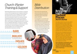 Bible
Distribution
Even in the most unreached and
persecuted areas of the world, God
is drawing multitudes of people to
Himself through the indisputable
power of His Word.
Providing Bibles to our brothers and
sisters suffering under the constant
threatofimprisonmentandoppression
continues to be our most effective tool
for sharing the Gospel. Our approach to
this task continues to grow as we seek
out better methods for distribution, the
production of portable digital copies,
and safeguarding our partners
who daily risk their lives so this
work can be accomplished.
The nation of North Korea has been named
the most dangerous country on earth for
Christians to live by the World Watch List.
Notorious for its ruthlessness and brutality
toward any demonstration of faith in Christ,
it is estimated that more than 200,000
Christians are struggling to survive in the
confines of North Korea’s prison camps.
Hundreds have been publically executed.
Still, even amid unimaginable persecution,
the greatest request of these dedicated
brothers and sisters is for more copies of
God’s Word to distribute, enabling new
believers to grow and stand strong in their
faith. Our partners have worked relentlessly
to this end, risking their lives to smuggle
secret shipments of Bibles to safe houses
and underground churches.
We are dedicated to continuing this urgent
work, knowing that God has the power
to comfort and intervene, unleashing
hope even in the darkest of places. Please
continue to pray with us for the persecuted
church of North Korea.
Church–Planter
Training&Support
World Help’s global network of church planters is comprised
of some of the most passionate and courageous individuals
we have ever known. They are willing to risk everything—
their safety, their possessions, even their lives—for the
sake of proclaiming the Gospel to the unreached. Properly
equipping these great men and women of God requires
rigorous programs of training, study, and field experience.
After a church planter is strategically positioned for outreach,
the true challenge of faith begins. Our desire is to empower
and support each church planter to confidently reach entire
communities for Christ and establish churches that
will shine brightly in the surrounding darkness
with faithfulness, fearlessness, and hope.
868,100lives impacted through our
church-planting ministry
249,401Bibles provided
around the world
8,681churches planted
122,509new Christ followers
Bringing
Lightto the
Darkest
Places:
North Korea
13
 