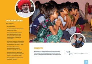 OUR PRINCIPLES:
We believe . . .
•	 all people matter.
•	 an active faith extends far beyond
Sunday’s four walls.
•	 in equipping the right partners
with the resources they need
in order to affect sustainable
transformation in people and
communities.
•	 in building long-term relationships
with our donors that allow us to be
the hands, feet, and heart of Jesus.
•	 in working with passion,
enthusiasm, and fanatical
attention to quality and detail.
•	 in always doing the right thing,
total transparency, and sharing the
results of the impact we make.
•	 in accomplishing God-sized tasks
that last for eternity.
MISSION:
World Help is a faith-based humanitarian organization
that exists to serve the physical and spiritual needs of
people in impoverished communities around the world.
31
 