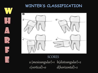 SCORES
a (mesioangular)=1 b(distoangular)=2
c(vertical)=0 d(horizontal)=2
WINTER’S CLASSIFICATION
 