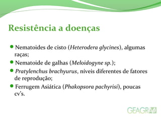 Resistência a doenças
Nematoides de cisto (Heterodera glycines), algumas
raças;
Nematoide de galhas (Meloidogyne sp.);
Pratylenchus brachyurus, níveis diferentes de fatores
de reprodução;
Ferrugem Asiática (Phakopsora pachyrisi), poucas
cv’s.
 