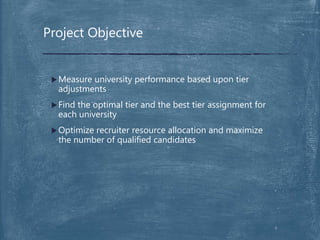Measure university performance based upon tier
adjustments
Find the optimal tier and the best tier assignment for
each university
Optimize recruiter resource allocation and maximize
the number of qualified candidates
Project Objective
3
 