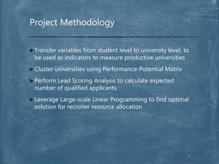 Project Methodology
Transfer variables from student level to university level, to
be used as indicators to measure productive universities
Cluster universities using Performance-Potential Matrix
Perform Lead Scoring Analysis to calculate expected
number of qualified applicants
Leverage Large-scale Linear Programming to find optimal
solution for recruiter resource allocation
5
 
