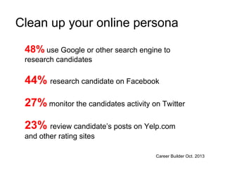 Clean up your online persona
48% use Google or other search engine to
research candidates
44% research candidate on Facebook
27% monitor the candidates activity on Twitter
23% review candidate’s posts on Yelp.com
and other rating sites
Career Builder Oct. 2013
 