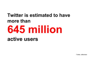 Twitter is estimated to have
more than
645 million
active users
-Twitter, eMarketer
 