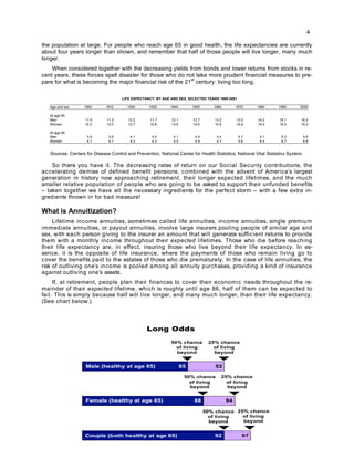 4
the population at large. For people who reach age 65 in good health, the life expectancies are currently
about four years longer than shown, and remember that half of those people will live longer, many much
longer.
When considered together with the decreasing yields from bonds and lower returns from stocks in re-
cent years, these forces spell disaster for those who do not take more prudent financial measures to pre-
pare for what is becoming the major financial risk of the 21
st
century: living too long.
So there you have it. The decreasing rates of return on our Social Security contributions, the
accelerating demise of defined benefit pensions, combined with the advent of America’s largest
generation in history now approaching retirement, their longer expected lifetimes, and the much
smaller relative population of people who are going to be asked to support their unfunded benefits
– taken together we have all the necessary ingredients for the perfect storm – with a few extra in-
gredients thrown in for bad measure!
What is Annuitization?
Lifetime income annuities, sometimes called life annuities, income annuities, single premium
immediate annuities, or payout annuities, involve large insurers pooling people of similar age and
sex, with each person giving to the insurer an amount that will generate sufficient returns to provide
them with a monthly income throughout their expected lifetimes. Those who die before reaching
their life expectancy are, in effect, insuring those who live beyond their life expectancy. In es-
sence, it is the opposite of life insurance, where the payments of those who remain living go to
cover the benefits paid to the estates of those who die prematurely. In the case of life annuities, the
risk of outliving one’s income is pooled among all annuity purchases, providing a kind of insurance
against outliving one’s assets.
If, at retirement, people plan their finances to cover their economic needs throughout the re-
mainder of their expected lifetime, which is roughly until age 86, half of them can be expected to
fail. This is simply because half will live longer, and many much longer, than their life expectancy.
(See chart below.)
Age and sex 1900 1910 1920 1930 1940 1950 1960 1970 1980 1990 2000
At age 65
Men 11.5 11.2 12.2 11.7 12.1 12.7 13.0 13.0 14.2 15.1 16.2
Women 12.2 12.0 12.7 12.8 13.6 15.0 15.8 16.8 18.4 19.0 19.3
At age 85
Men 3.8 3.9 4.1 4.0 4.1 4.4 4.4 4.7 5.1 5.3 5.6
Women 4.1 4.1 4.3 4.3 4.5 4.9 4.7 5.6 6.4 6.7 6.8
LIFE EXPECTANCY, BY AGE AND SEX, SELECTED YEARS 1900-2001
Sources: Centers for Disease Control and Prevention, National Center for Health Statistics, National Vital Statistics System.
 