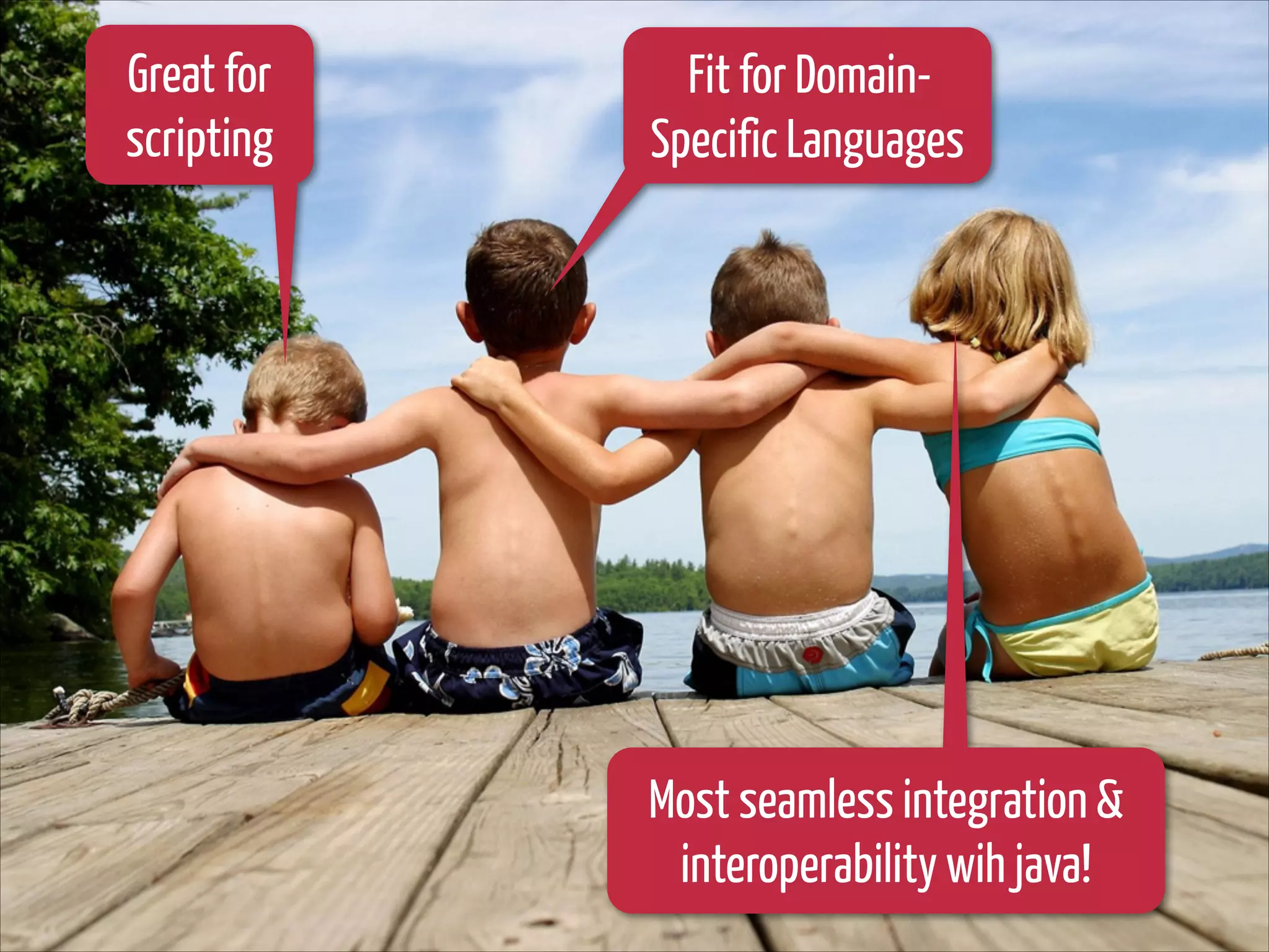 Great for
scripting

Fit for DomainSpecific Languages

Most seamless integration &
interoperability wih java!

 