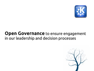 Open Governance to ensure engagement
in our leadership and decision processes
 