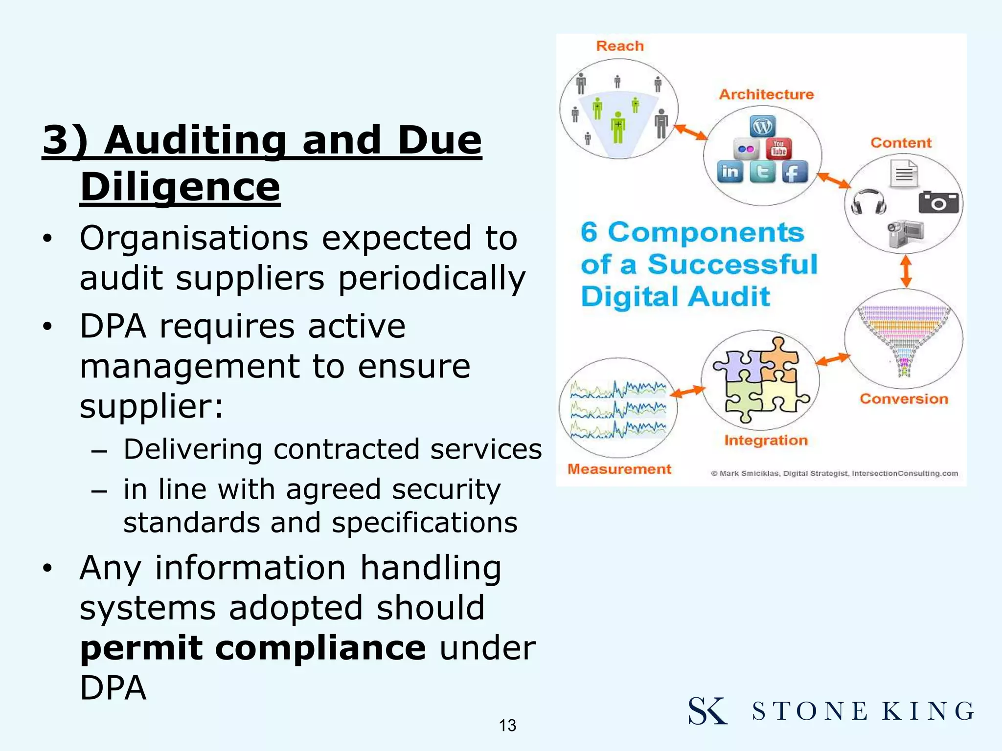 3) Auditing and Due
Diligence
• Organisations expected to
audit suppliers periodically
• DPA requires active
management to ensure
supplier:
– Delivering contracted services
– in line with agreed security
standards and specifications
• Any information handling
systems adopted should
permit compliance under
DPA
13
 