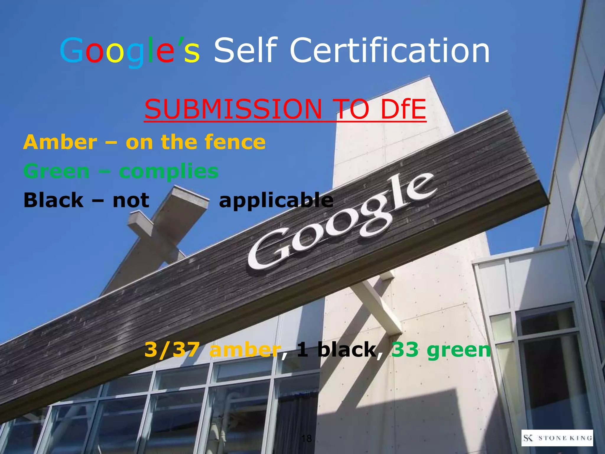 SUBMISSION TO DfE
Amber – on the fence
Green – complies
Black – not applicable
3/37 amber, 1 black, 33 green
Google’s Self Certification
18
 
