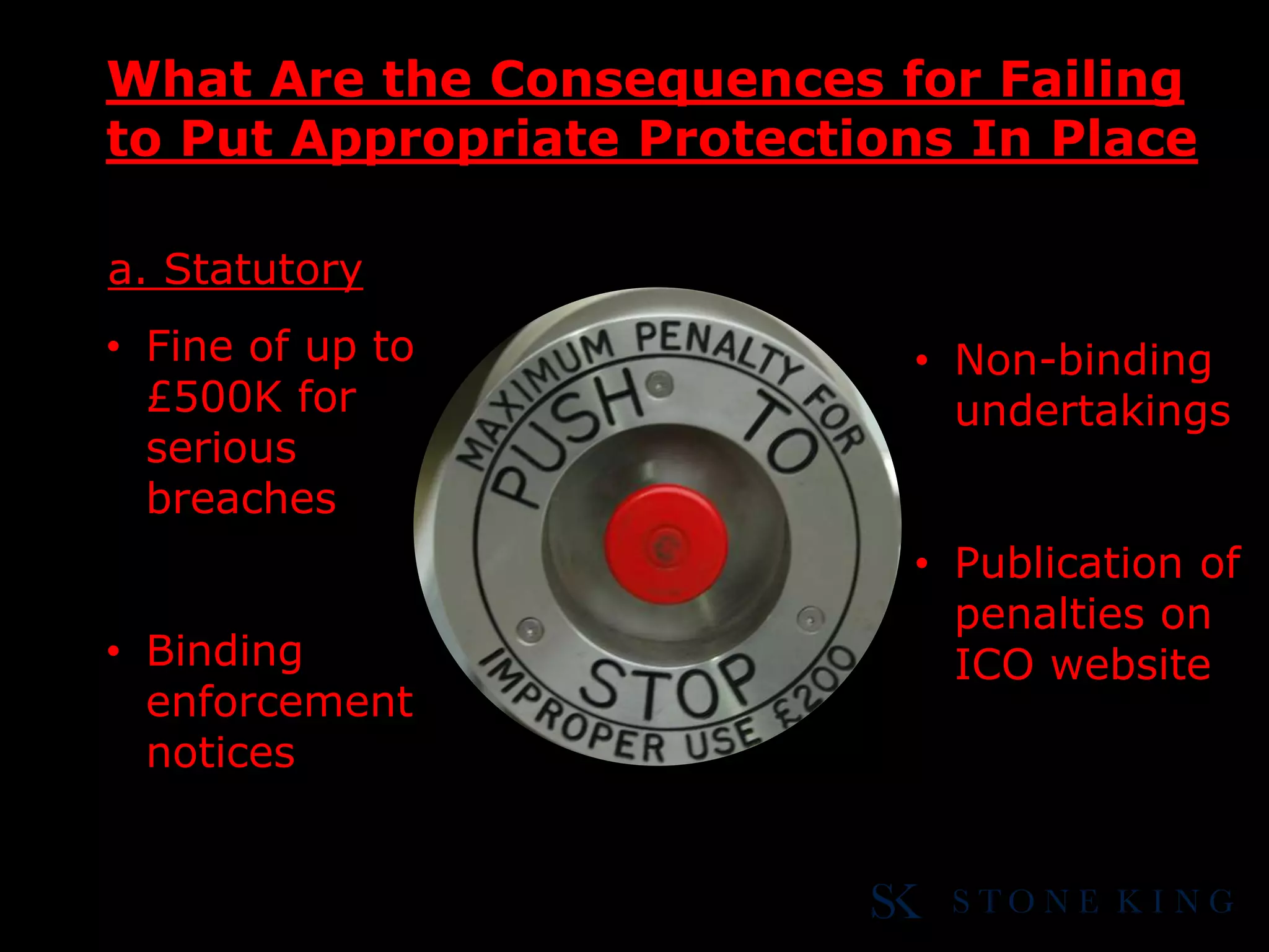 • Fine of up to
£500K for
serious
breaches
• Binding
enforcement
notices
What Are the Consequences for Failing
to Put Appropriate Protections In Place
a. Statutory
• Non-binding
undertakings
• Publication of
penalties on
ICO website
32
 