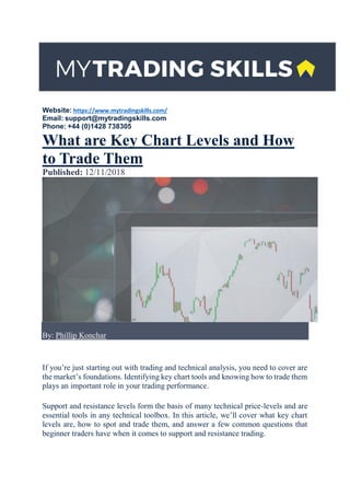 Website: https://www.mytradingskills.com/
Email: support@mytradingskills.com
Phone: +44 (0)1428 738305
What are Key Chart Levels and How
to Trade Them
Published: 12/11/2018
By: Phillip Konchar
If you’re just starting out with trading and technical analysis, you need to cover are
the market’s foundations. Identifying key chart tools and knowing how to trade them
plays an important role in your trading performance.
Support and resistance levels form the basis of many technical price-levels and are
essential tools in any technical toolbox. In this article, we’ll cover what key chart
levels are, how to spot and trade them, and answer a few common questions that
beginner traders have when it comes to support and resistance trading.
 