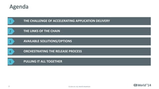 2 
© 2014 CA. ALL RIGHTS RESERVED. 
Abstract 
Building a solid application delivery tool chain is no easy task. The popularity of infrastructure configuration management tools like Puppet, Chef, Salt and others are a direct result of the explosion of virtual machines needing to be maintained, configured and provisioned. Learn how you can leverage these trends and combine infrastructure configuration and release automation to build a enterprise class continuous delivery solution for your business. 
David Cramer 
CA Technologies 
VP, Product Management  
