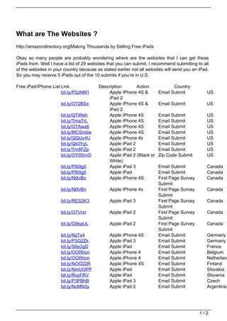 What are The Websites ?
http://amazondirectory.org|Making Thousands by Selling Free iPads

Okay so many people are probably wondering where are the websites that I can get these
iPads from. Well I have a list of 29 websites that you can submit, I recommend submitting to all
of the websites in your country because as stated earlier not all websites will send you an iPad.
So you may receive 5 iPads out of the 10 submits if you’re in U.S.

Free iPad/iPhone List Link               Description      Action              Country
                      bit.ly/P2zNM1          Apple iPhone 4S &         Email Submit             US
                                             iPad 2
                      bit.ly/O72BSx          Apple iPhone 4S &         Email Submit             US
                                             iPad 2
                      bit.ly/QTiReh          Apple iPhone 4S           Email Submit             US
                      bit.ly/TmaTrL          Apple iPhone 4S           Email Submit             US
                      bit.ly/O7Awx6          Apple iPhone 4S           Email Submit             US
                      bit.ly/MCSmbw          Apple iPhone 4S           Email Submit             US
                      bit.ly/QQUv4U          Apple iPhone 4s           Email Submit             US
                      bit.ly/Qk0YyL          Apple iPad 2              Email Submit             US
                      bit.ly/Tm8FZp          Apple iPad 2              Email Submit             US
                      bit.ly/OY9SmO          Apple iPad 2 (Black or    Zip Code Submit          US
                                             White)
                      bit.ly/P80tg0          Apple iPad 3              Email Submit             Canada
                      bit.ly/P80tg0          Apple iPad                Email Submit             Canada
                      bit.ly/NlXrBn          Apple iPhone 4S           First Page Survey        Canada
                                                                       Submit
                      bit.ly/NlXrBn            Apple iPhone 4s         First Page Survey        Canada
                                                                       Submit
                      bit.ly/RES2K3            Apple iPad 3            First Page Survey        Canada
                                                                       Submit
                      bit.ly/O7Vrxr            Apple iPad 2            First Page Survey        Canada
                                                                       Submit
                      bit.ly/O9kaUL            Apple iPad 2            First Page Survey        Canada
                                                                       Submit
                      bit.ly/NijTx4            Apple iPhone 4S         Email Submit             Germany
                      bit.ly/P3Q2Zk            Apple iPad 3            Email Submit             Germany
                      bit.ly/S6e3gD            Apple iPad              Email Submit             France
                      bit.ly/OORhcn            Apple iPhone 4          Email Submit             Belgium
                      bit.ly/OORhcn            Apple iPhone 4          Email Submit             Netherland
                      bit.ly/NOO22R            Apple iPhone 4S         Email Submit             Finland
                      bit.ly/NmUOPP            Apple iPad              Email Submit             Slovakia
                      bit.ly/RvyFRV            Apple iPad              Email Submit             Slovenia
                      bit.ly/P3PBhB            Apple iPad 3            Email Submit             Czech
                      bit.ly/NcMN3y            Apple iPad 2            Email Submit             Argentina




                                                                                            1/2
 