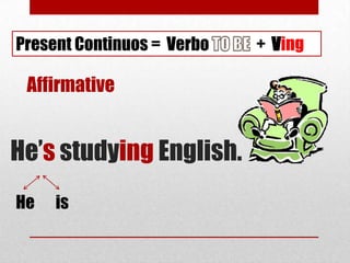 Present Continuos = Verbo   + Ving

 Affirmative


He’s studying English.
He   is
 