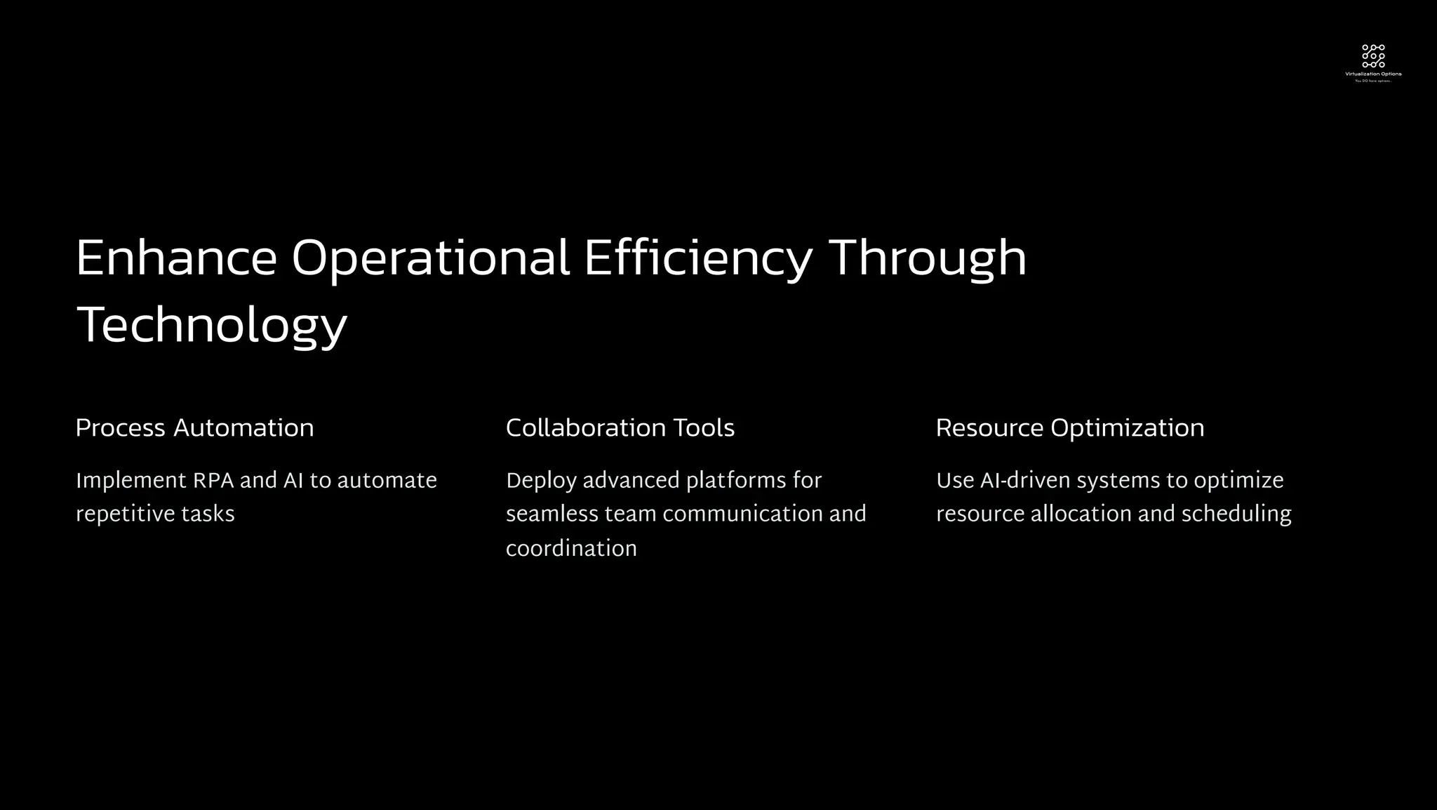 Enhance Operational Efficiency Through
Technology
Process Automation
Implement RPA and AI to automate
repetitive tasks
Collaboration Tools
Deploy advanced platforms for
seamless team communication and
coordination
Resource Optimization
Use AI-driven systems to optimize
resource allocation and scheduling
 