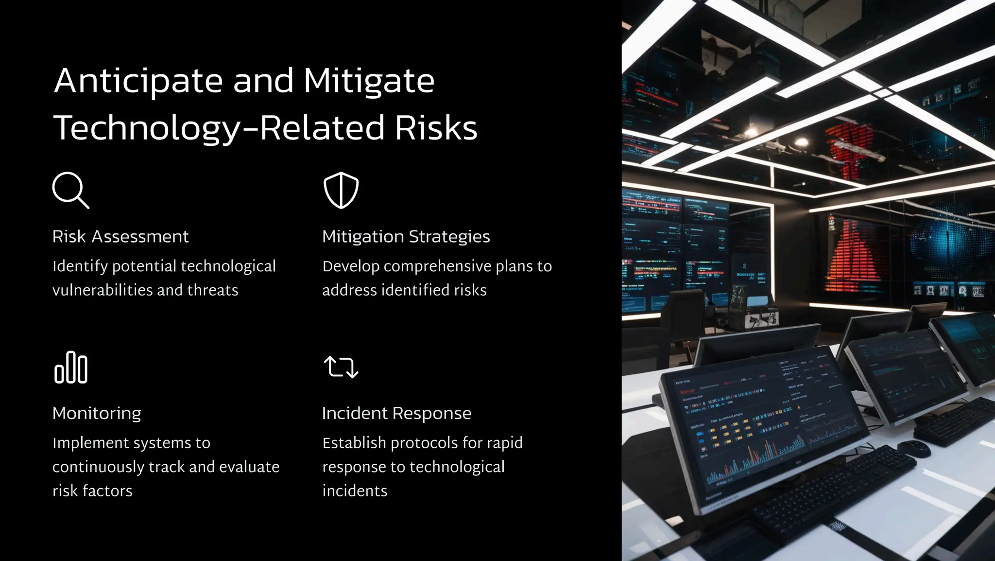 Anticipate and Mitigate
Technology-Related Risks
Risk Assessment
Identify potential technological
vulnerabilities and threats
Mitigation Strategies
Develop comprehensive plans to
address identified risks
Monitoring
Implement systems to
continuously track and evaluate
risk factors
Incident Response
Establish protocols for rapid
response to technological
incidents
 