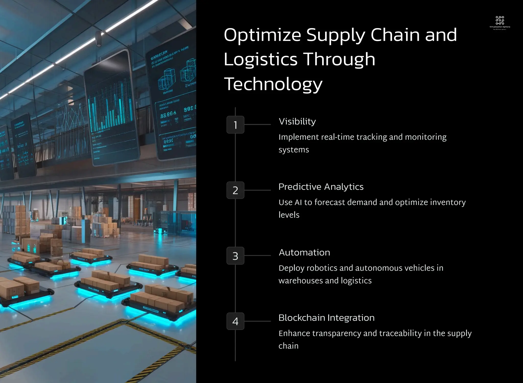 Optimize Supply Chain and
Logistics Through
Technology
1 Visibility
Implement real-time tracking and monitoring
systems
2 Predictive Analytics
Use AI to forecast demand and optimize inventory
levels
3 Automation
Deploy robotics and autonomous vehicles in
warehouses and logistics
4 Blockchain Integration
Enhance transparency and traceability in the supply
chain
 