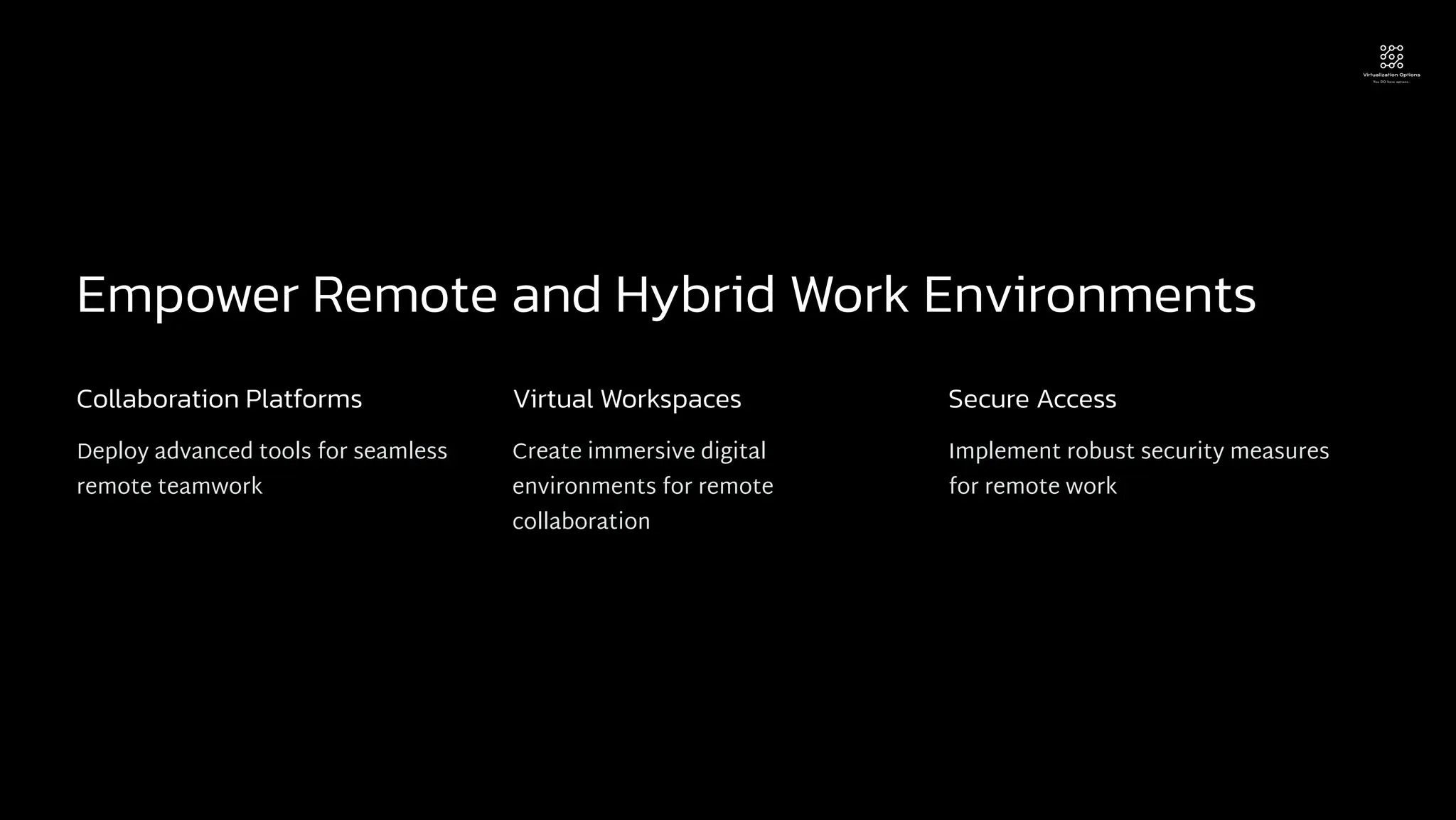 Empower Remote and Hybrid Work Environments
Collaboration Platforms
Deploy advanced tools for seamless
remote teamwork
Virtual Workspaces
Create immersive digital
environments for remote
collaboration
Secure Access
Implement robust security measures
for remote work
 
