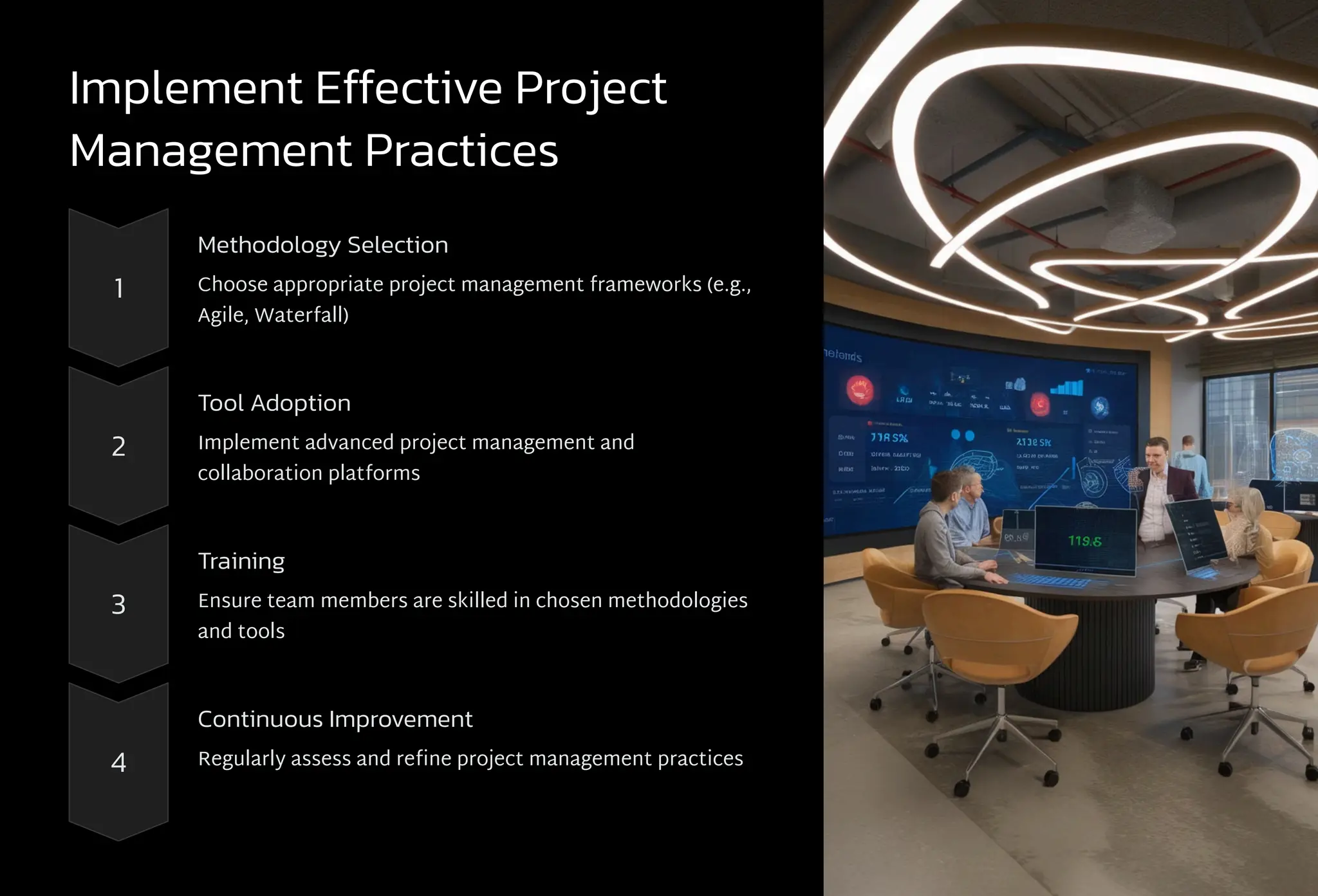 Implement Effective Project
Management Practices
1
Methodology Selection
Choose appropriate project management frameworks (e.g.,
Agile, Waterfall)
2
Tool Adoption
Implement advanced project management and
collaboration platforms
3
Training
Ensure team members are skilled in chosen methodologies
and tools
4
Continuous Improvement
Regularly assess and refine project management practices
 