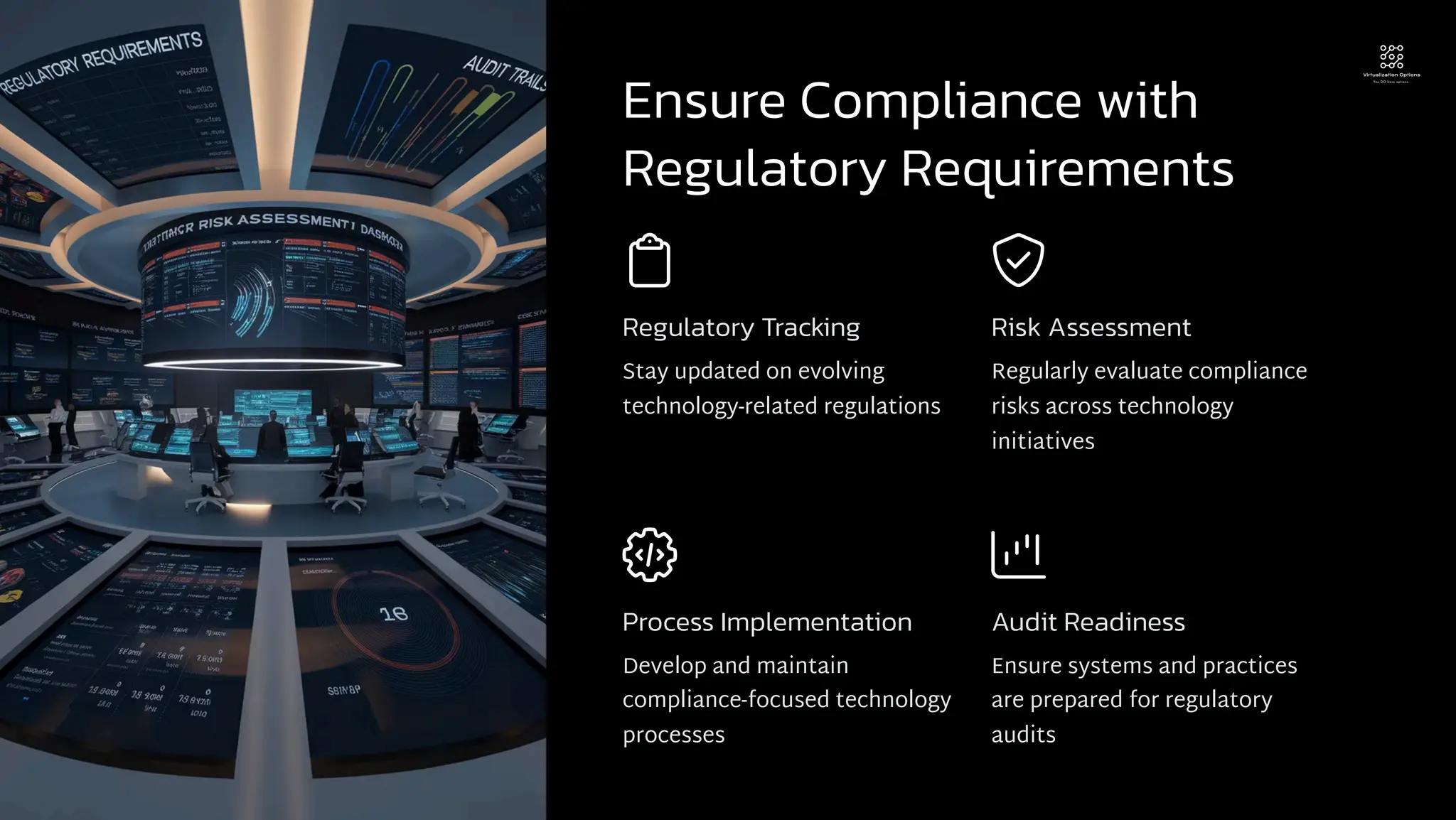Ensure Compliance with
Regulatory Requirements
Regulatory Tracking
Stay updated on evolving
technology-related regulations
Risk Assessment
Regularly evaluate compliance
risks across technology
initiatives
Process Implementation
Develop and maintain
compliance-focused technology
processes
Audit Readiness
Ensure systems and practices
are prepared for regulatory
audits
 