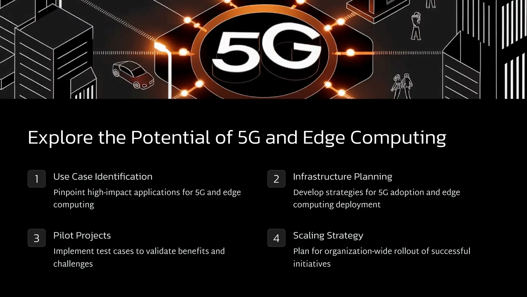 Explore the Potential of 5G and Edge Computing
1 Use Case Identification
Pinpoint high-impact applications for 5G and edge
computing
2 Infrastructure Planning
Develop strategies for 5G adoption and edge
computing deployment
3 Pilot Projects
Implement test cases to validate benefits and
challenges
4 Scaling Strategy
Plan for organization-wide rollout of successful
initiatives
 