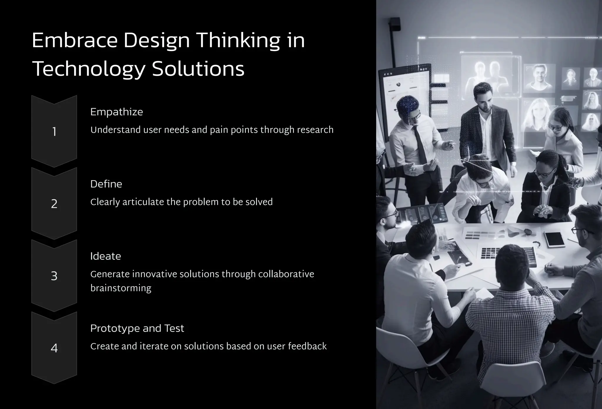 Embrace Design Thinking in
Technology Solutions
1
Empathize
Understand user needs and pain points through research
2
Define
Clearly articulate the problem to be solved
3
Ideate
Generate innovative solutions through collaborative
brainstorming
4
Prototype and Test
Create and iterate on solutions based on user feedback
 