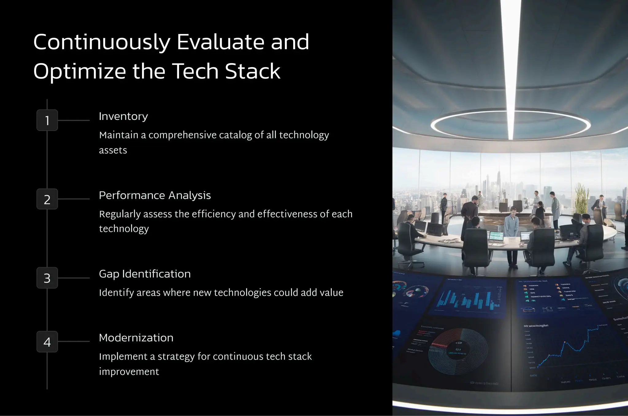Continuously Evaluate and
Optimize the Tech Stack
1 Inventory
Maintain a comprehensive catalog of all technology
assets
2 Performance Analysis
Regularly assess the efficiency and effectiveness of each
technology
3 Gap Identification
Identify areas where new technologies could add value
4 Modernization
Implement a strategy for continuous tech stack
improvement
 