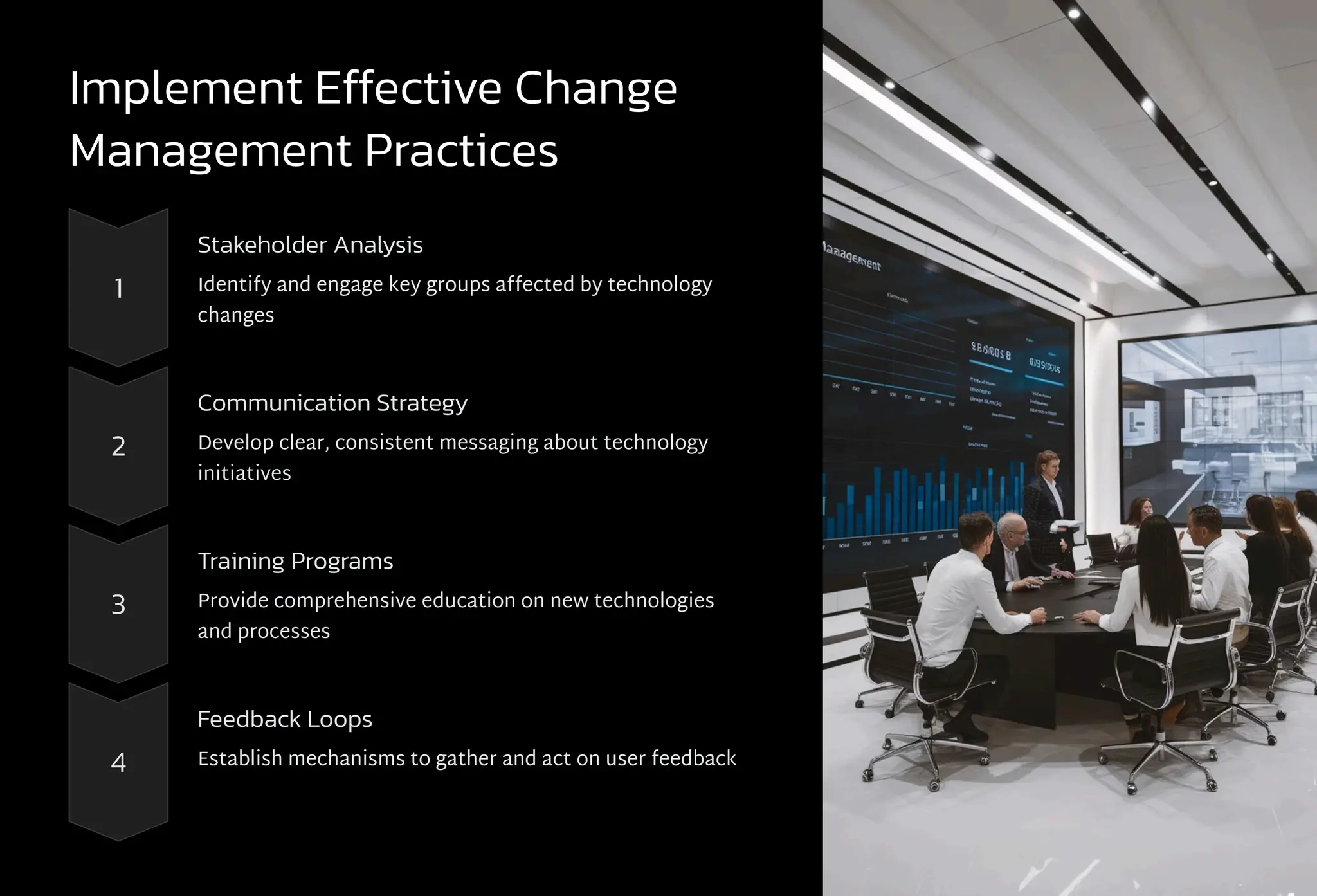 Implement Effective Change
Management Practices
1
Stakeholder Analysis
Identify and engage key groups affected by technology
changes
2
Communication Strategy
Develop clear, consistent messaging about technology
initiatives
3
Training Programs
Provide comprehensive education on new technologies
and processes
4
Feedback Loops
Establish mechanisms to gather and act on user feedback
 