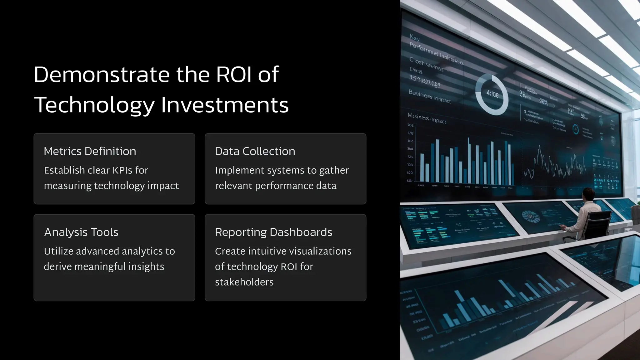 Demonstrate the ROI of
Technology Investments
Metrics Definition
Establish clear KPIs for
measuring technology impact
Data Collection
Implement systems to gather
relevant performance data
Analysis Tools
Utilize advanced analytics to
derive meaningful insights
Reporting Dashboards
Create intuitive visualizations
of technology ROI for
stakeholders
 