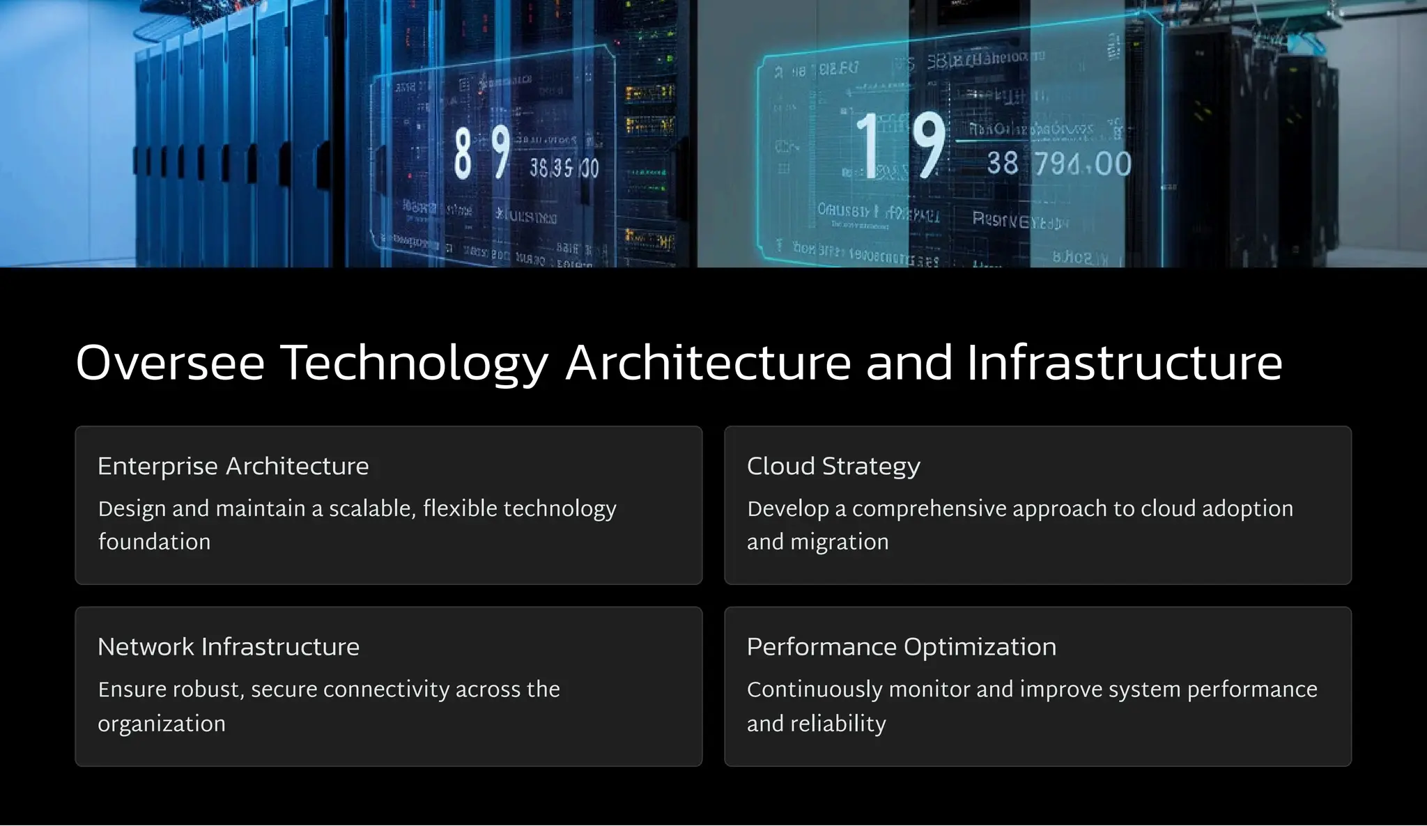 Oversee Technology Architecture and Infrastructure
Enterprise Architecture
Design and maintain a scalable, flexible technology
foundation
Cloud Strategy
Develop a comprehensive approach to cloud adoption
and migration
Network Infrastructure
Ensure robust, secure connectivity across the
organization
Performance Optimization
Continuously monitor and improve system performance
and reliability
 