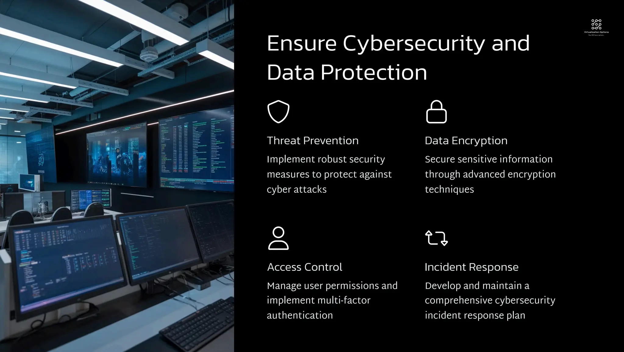 Ensure Cybersecurity and
Data Protection
Threat Prevention
Implement robust security
measures to protect against
cyber attacks
Data Encryption
Secure sensitive information
through advanced encryption
techniques
Access Control
Manage user permissions and
implement multi-factor
authentication
Incident Response
Develop and maintain a
comprehensive cybersecurity
incident response plan
 
