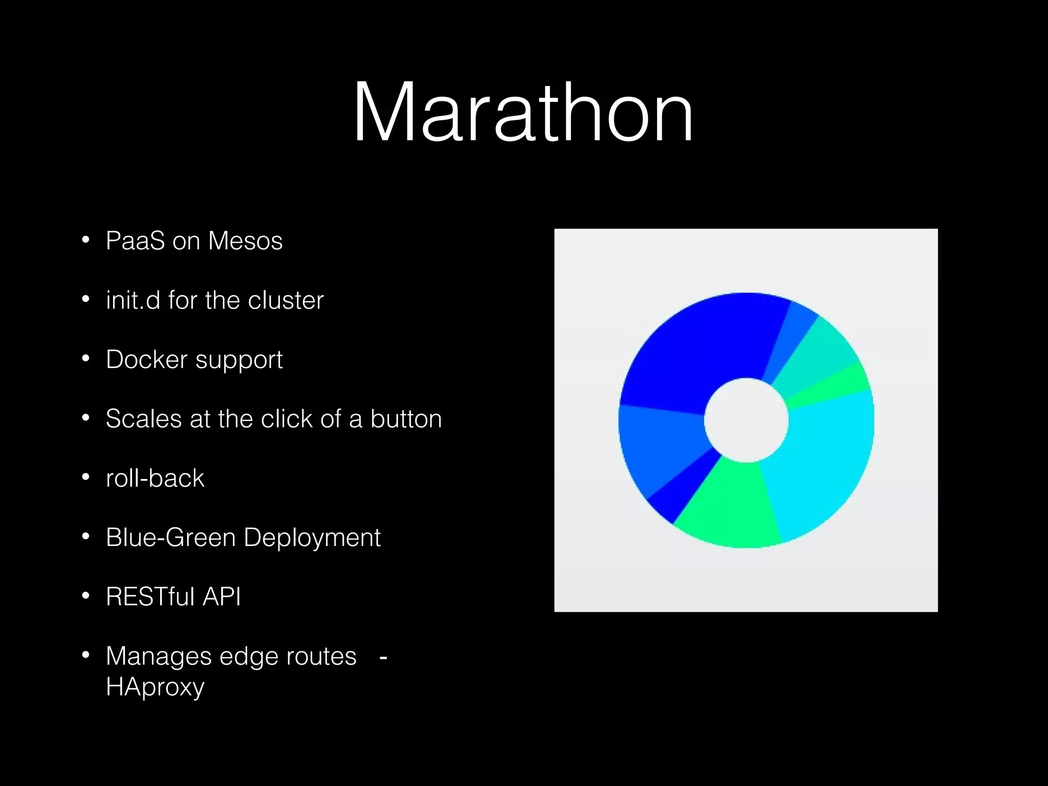 Marathon
• PaaS on Mesos
• init.d for the cluster
• Docker support
• Scales at the click of a button
• roll-back
• Blue-Green Deployment
• RESTful API
• Manages edge routes －
HAproxy
 