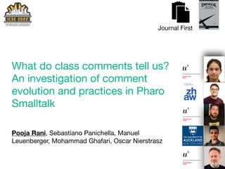 What do class comments tell us? 

An investigation of comment
evolution and practices in Pharo
Smalltalk
Pooja Rani, Sebastiano Panichella, Manuel
Leuenberger, Mohammad Ghafari, Oscar Nierstrasz
Journal First
 