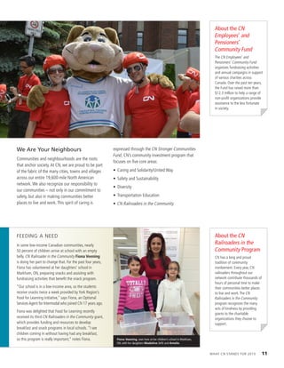 We Are Your Neighbours
Communities and neighbourhoods are the roots
that anchor society.At CN, we are proud to be part
of the fabric of the many cities, towns and villages
across our entire 19,600-mile North American
network.We also recognize our responsibility to
our communities – not only in our commitment to
safety, but also in making communities better
places to live and work.This spirit of caring is
expressed through the CN Stronger Communities
Fund, CN’s community investment program that
focuses on five core areas:
•	 Caring and Solidarity/United Way
•	 Safety and Sustainability
•	 Diversity
•	 Transportation Education
•	 CN Railroaders in the Community
About the CN
Employees’ and
Pensioners’
Community Fund
The CN Employees’ and
Pensioners’ Community Fund
organizes fundraising activities
and annual campaigns in support
of various charities across
Canada. Over the past ten years,
the Fund has raised more than
$12.3 million to help a range of
non-profit organizations provide
assistance to the less fortunate
in society.
About the CN
Railroaders in the
Community Program
CN has a long and proud
tradition of community
involvement. Every year, CN
railroaders throughout our
network contribute thousands of
hours of personal time to make
their communities better places
to live and work.The CN
Railroaders in the Community
program recognizes the many
acts of kindness by providing
grants to the charitable
organizations they choose to
support.
Feeding a Need
In some low-income Canadian communities, nearly
50 percent of children arrive at school with an empty
belly. CN Railroader in the Community Fiona Veening
is doing her part to change that. For the past four years,
Fiona has volunteered at her daughters’ school in
Markham, ON, preparing snacks and assisting with
fundraising activities that benefit the snack program.
“Our school is in a low-income area, so the students
receive snacks twice a week provided by York Region’s
Food for Learning initiative,” says Fiona, an Optional
Services Agent for Intermodal who joined CN 17 years ago.
Fiona was delighted that Food for Learning recently
received its third CN Railroaders in the Community grant,
which provides funding and resources to develop
breakfast and snack programs in local schools. “I see
children coming in without having had any breakfast,
so this program is really important,” notes Fiona. Fiona Veening, seen here at her children’s school in Markham,
ON, with her daughters Madeline (left) and Amelie.
What CN Stands For 2015	 11
 