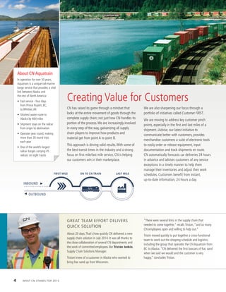 Creating Value for Customers
CN has raised its game through a mindset that
looks at the entire movement of goods through the
complete supply chain; not just how CN handles its
portion of the process.We are increasingly involved
in every step of the way, galvanizing all supply
chain players to improve how products and
material get from point A to point B.
This approach is driving solid results.With some of
the best transit times in the industry and a strong
focus on first mile/last mile service, CN is helping
our customers win in their marketplace.
We are also sharpening our focus through a
portfolio of initiatives called Customer FIRST.
We are moving to address key customer pinch
points, especially in the first and last miles of a
shipment. iAdvise, our latest initiative to
communicate better with customers, provides
merchandise customers a suite of electronic tools
to easily order or release equipment, input
documentation and track shipments en route.
CN	automatically	forecasts	car	deliveries	24	hours	
in advance and advises customers of any service
exceptions in a timely manner to help them
manage their inventories and adjust their work
schedules. Customers benefit from instant,
up-to-date	information,	24	hours	a	day.	
greaT TeaM eFForT delivers
QUiCK solUTion
About 20 days.That’s how quickly CN delivered a new
supply	chain	solution	in	July	2014.	It	was	all	thanks	to	
the close collaboration of several CN departments and
the work of committed employees like Tristan Jenkin,
Supply Chain Solutions Manager.
Tristan knew of a customer in Alaska who wanted to
bring frac sand up from Wisconsin.
“There were several links in the supply chain that
needed to come together,” recalls Tristan, “and so many
CN employees open and willing to help out.”
Tristin moved quickly to put together a cross-functional
team to work out the shipping schedule and logistics,
including the group that operates the CN Aquatrain from
BC to Alaska. “CN delivered the first boxcars of frac sand
when we said we would and the customer is very
happy,” concludes Tristan.
About CN Aquatrain
In operation for over 50 years,
Aquatrain is a unique rail-marine
barge service that provides a vital
link between Alaska and
the rest of North America:
•	 Fast	service	-	four	days	
from Prince Rupert, BC,
to Whittier,AK
•	 Shortest	water	route	to	
Alaska	by	600	miles
•	 Shipment	stays	on	the	railcar	
from origin to destination
•	 Operates	year	round,	making	
more than 30 round trips
each year
•	 One	of	the	world’s	largest	
railcar	barges	carrying	45	
railcars on eight tracks
4 WhaT Cn sTands For 2015
INBOUND
OUTBOUND
FIRST MILE ON TO CN TRAIN LAST MILE
 