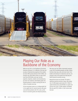 Playing Our Role as a
Backbone of the Economy
When we say CN is a true backbone of the North
American	economy,	it	is	a	reﬂ	ection	of	the	key	role	
we play in fostering the prosperity of the markets
we serve.With annual revenues of $12 billion, we
transport over 300 million tonnes of cargo worth
more than $250 billion each year. Serving
exporters, importers, retailers and manufacturers,
we move raw materials, intermediate goods and
finished products to market, touching the lives of
millions of people every day.
CN has long been known as an indispensable link
in the supply chain for natural resources like grain,
coal and forest products. But CN is also a prime
mover of consumer goods and industrial products.
We move over two million intermodal containers
a year, full of everything people use daily: clothes,
furniture, food, toys, wine, and much more. From
lumber and aluminum to electronics and cars, we
transport many of the goods that help keep the
North American economy moving.
Beyond the services we provide, CN makes a
significant positive economic impact.We employ
over 25,500 people, spend about $2.7 billion in
capital infrastructure and $9 billion on goods and
services from some 15,000 suppliers worldwide.
We also paid $722 million in cash income taxes
last year.
6 WhaT Cn sTands For 2015
 