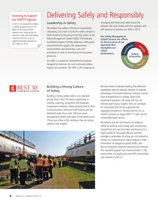 Building a Strong Culture
of Safety
Building a strong safety culture is an absolute
priority.That’s why CN invests significantly in
training, coaching, recognition and employee
involvement initiatives. Safety Summits, Peer-to-Peer
Communications, Intensive Field Training and the
dedicated work of our over 100 joint union-
management	Health	and	Safety	Committees	across	
CN are just a few of the initiatives that are taking
safety to new heights.
We	also	invest	in	industry-leading	ﬂ	aw	detection	
capabilities with the densest network of wayside
technology in the North American industry, and we
have strengthened our already robust train
securement practices. CN along with our rail
industry peers favour tougher tank car standards
for new builds and CN has supported the
regulatory initiatives in Canada and the U.S. to
retrofit or phase out legacy DOT-111 tank cars for
combustible liquid service.
We believe that the rail industry can enhance
safety by working more closely with communities.
Toward that end, we have been reaching out to a
large number of municipal officials and their
emergency responders all along our rail network to
review our comprehensive safety programs, share
information on dangerous goods traffic, and
discuss emergency response planning and training.
This outreach program has involved almost 1,100
communities in Canada and some 870 communities
and counties in the U.S.
Delivering Safely and Responsibly
Leadership in Safety
We believe that safety is the key to outstanding
railroading. Our vision is to be the safest railroad in
North America by focusing on the four pillars of our
Safety Management System (SMS).This federally
mandated program formally addresses safety goals
and performance targets, risk assessments,
responsibilities and authorities, rules and
procedures as well as monitoring and evaluation
processes.
Our SMS is a proactive, comprehensive program
designed to minimize risk and continually reduce
injuries and accidents.The SMS is CN’s roadmap to
managing and improving safety across the
network.We work closely with the regulator and
will continue to enhance our SMS in 2015.
Safety
& Security
Techn
ology Proc
ess
Invest
m
ent Pe
ople
Our Safety Management
System focuses our efforts
on the key areas of our
operation that
strengthen our
safety
performance.
Investing to Support
our SAFETY Agenda
In	2014,	CN	invested	$2.3	billion	
in capital programs and $1.25
billion of this amount went
towards track infrastructure to
maintain	a	safe	and	ﬂ	uid	railway	
network. CN plans to up its
capital investment program to
$2.7 billion in 2015.
8 WhaT Cn sTands For 2015
 