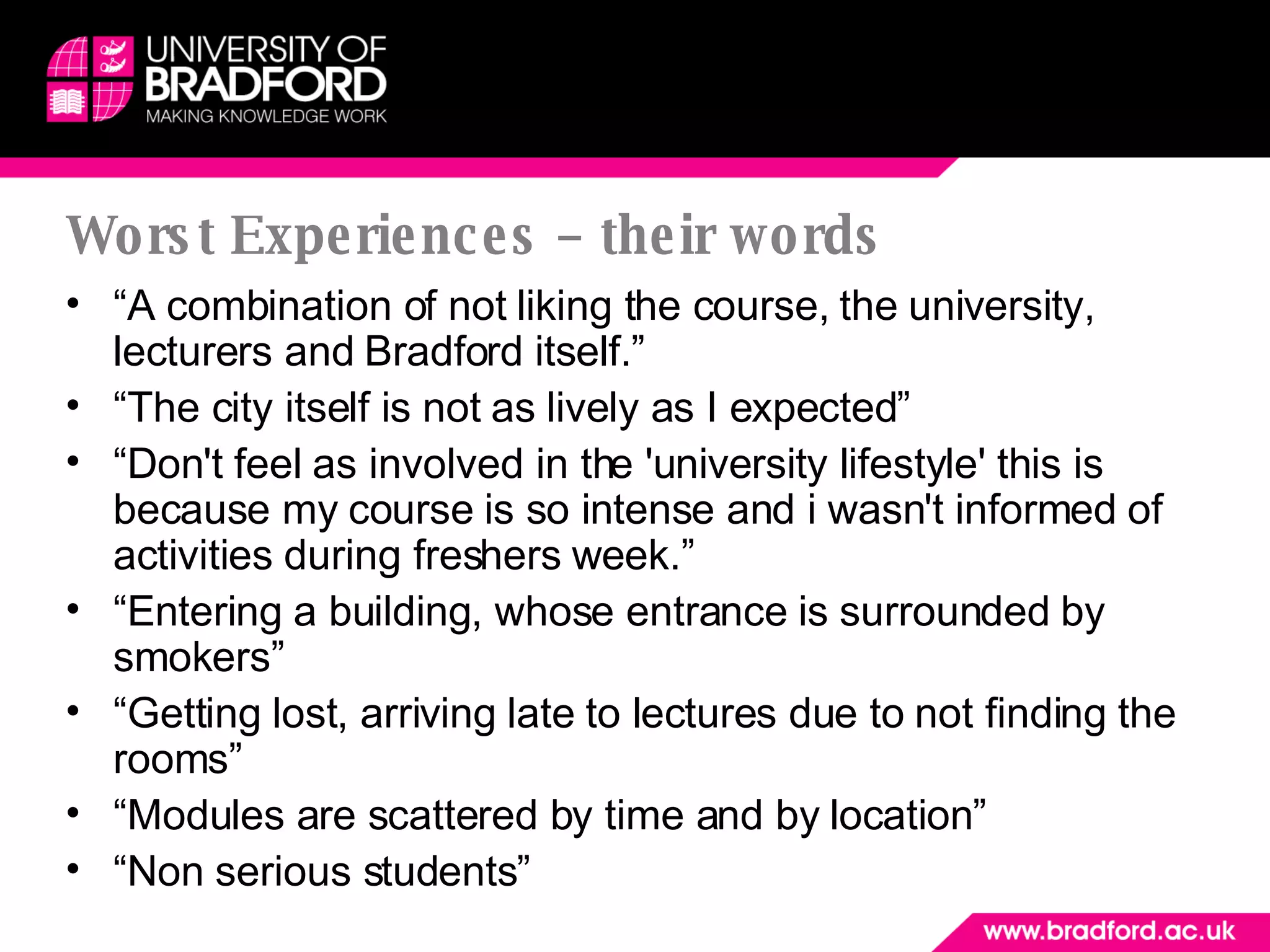 Worst Experiences – their words “ A combination of not liking the course, the university, lecturers and Bradford itself.” “ The city itself is not as lively as I expected” “ Don't feel as involved in the 'university lifestyle' this is because my course is so intense and i wasn't informed of activities during freshers week.” “ Entering a building, whose entrance is surrounded by smokers” “ Getting lost, arriving late to lectures due to not finding the rooms” “ Modules are scattered by time and by location” “ Non serious students” 