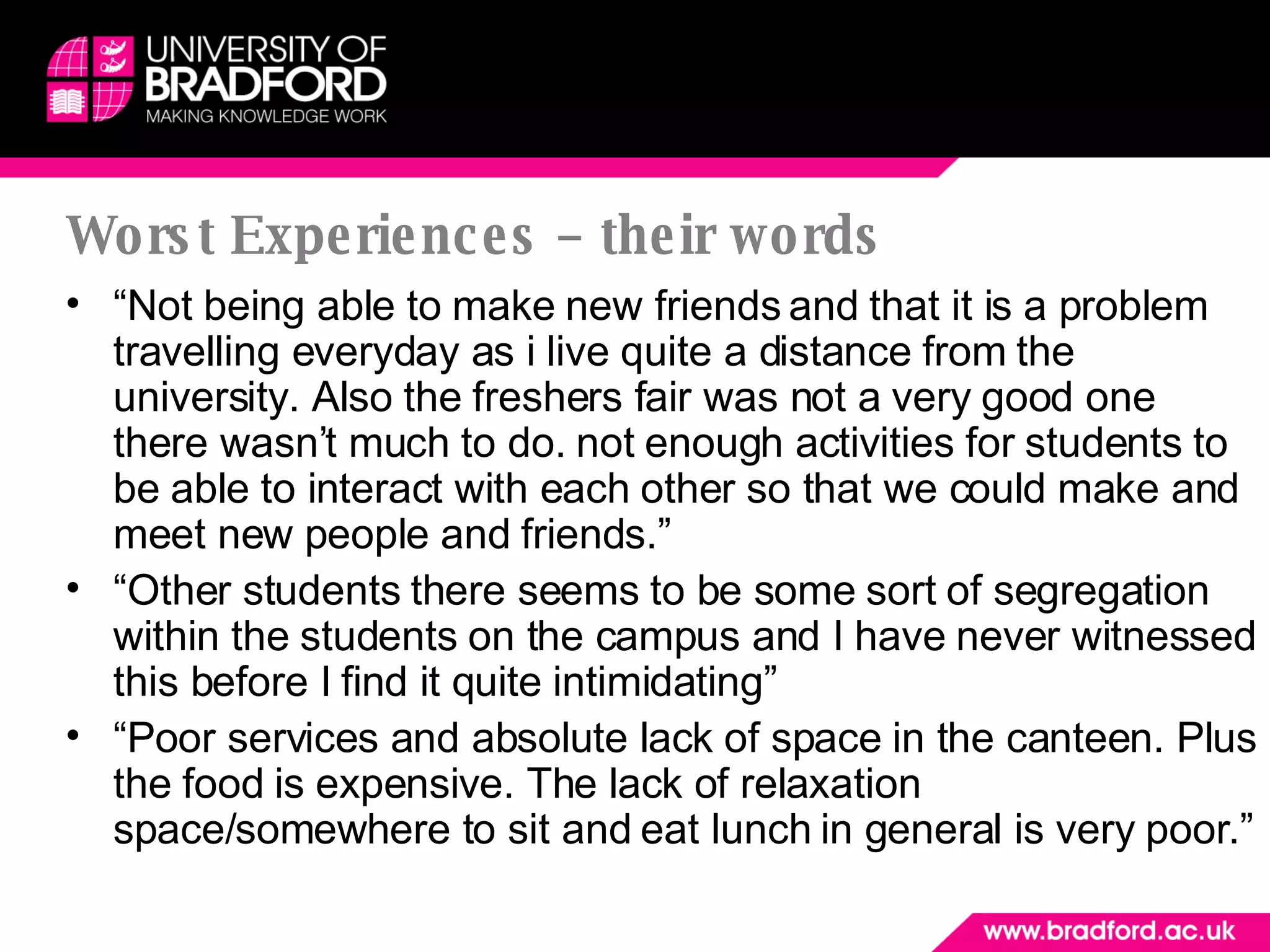 Worst Experiences – their words “ Not being able to make new friends and that it is a problem travelling everyday as i live quite a distance from the university. Also the freshers fair was not a very good one there wasn’t much to do. not enough activities for students to be able to interact with each other so that we could make and meet new people and friends.” “ Other students there seems to be some sort of segregation within the students on the campus and I have never witnessed this before I find it quite intimidating” “ Poor services and absolute lack of space in the canteen. Plus the food is expensive. The lack of relaxation space/somewhere to sit and eat lunch in general is very poor.” 