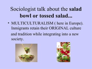 Sociologist talk about the  salad bowl or tossed salad... MULTICULTURALISM ( here in Europe). Inmigrants retain their ORIGINAL culture and tradition while integrating into a new society. 