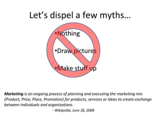 Let’s dispel a few myths… Marketing  is an ongoing process of planning and executing the marketing mix (Product, Price, Pl...