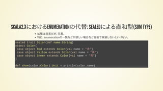 SCALA2.12におけるENUMERATIONの代替: SEALEDによる直和型(SUM TYPE)
拡張は容易だが、冗長。
特に、enumerationの一覧などが欲しい場合など自前で実装しないといけない。
sealed trait Color{def name:String}
object Color{
case object Red extends Color{val name = "赤"}
case object Yellow extends Color{val name = "黃"}
case object Green extends Color{val name = "青"}
}
def show(color:Color):Unit = println(color.name)
 
