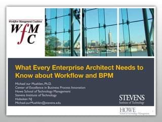 What Every Enterprise Architect Needs to
Know about Workﬂow and BPM
Michael zur Muehlen, Ph.D.
Center of Excellence in Business Process Innovation
Howe School of Technology Management
Stevens Institute of Technology
Hoboken NJ
Michael.zurMuehlen@stevens.edu

                                                      1