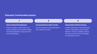 Enterprise Transformation Impacts
1
Democratised Development
Product managers, domain experts, and
business analysts can now build and deploy
AI-powered applications using visual tools
and natural language. This doesn't replace
developers—it broadens the definition of
who can contribute to software creation.
2
Accelerated Innovation Cycles
Teams can develop working prototypes in
hours rather than months. Companies
report testing product-market fit 10x faster
and achieving much tighter feedback
loops.
3
Organisational Restructuring
Traditional development hierarchies based
solely on coding skills are becoming less
important. The focus is shifting to idea-to-
execution processes, domain knowledge,
and collaboration with AI.
 