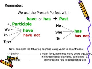 Remember: We use the Present Perfect with:   have   or  has   +  Past Participle have I  We You They   has He She It Now, complete the following exercise using verbs in parentheses. 1.- English ______ _______ a major language since many years ago.(be) 2.- We ______  _____________  in extracurricular activities.(participate) 3.- Technology ______ _________ an increasing role in education.(play) have  not has  not 