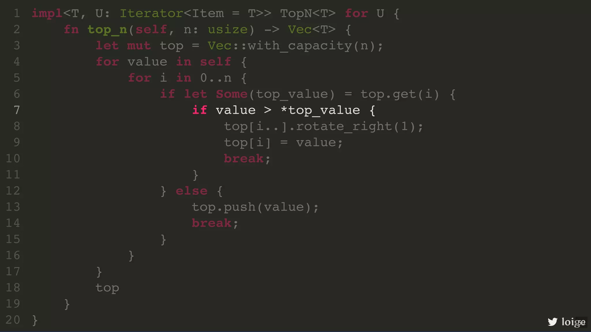 impl<T, U: Iterator<Item = T>> TopN<T> for U { fn top_n(self, n: usize) -> Vec<T> { let mut top = Vec::with_capacity(n); for value in self { for i in 0..n { if let Some(top_value) = top.get(i) { if value > *top_value { top[i..].rotate_right(1); top[i] = value; break; } } else { top.push(value); break; } } } top } } 1 2 3 4 5 6 7 8 9 10 11 12 13 14 15 16 17 18 19 20 let mut top = Vec::with_capacity(n); impl<T, U: Iterator<Item = T>> TopN<T> for U { 1 fn top_n(self, n: usize) -> Vec<T> { 2 3 for value in self { 4 for i in 0..n { 5 if let Some(top_value) = top.get(i) { 6 if value > *top_value { 7 top[i..].rotate_right(1); 8 top[i] = value; 9 break; 10 } 11 } else { 12 top.push(value); 13 break; 14 } 15 } 16 } 17 top 18 } 19 } 20 if value > *top_value { impl<T, U: Iterator<Item = T>> TopN<T> for U { 1 fn top_n(self, n: usize) -> Vec<T> { 2 let mut top = Vec::with_capacity(n); 3 for value in self { 4 for i in 0..n { 5 if let Some(top_value) = top.get(i) { 6 7 top[i..].rotate_right(1); 8 top[i] = value; 9 break; 10 } 11 } else { 12 top.push(value); 13 break; 14 } 15 } 16 } 17 top 18 } 19 } 20 loige 50 