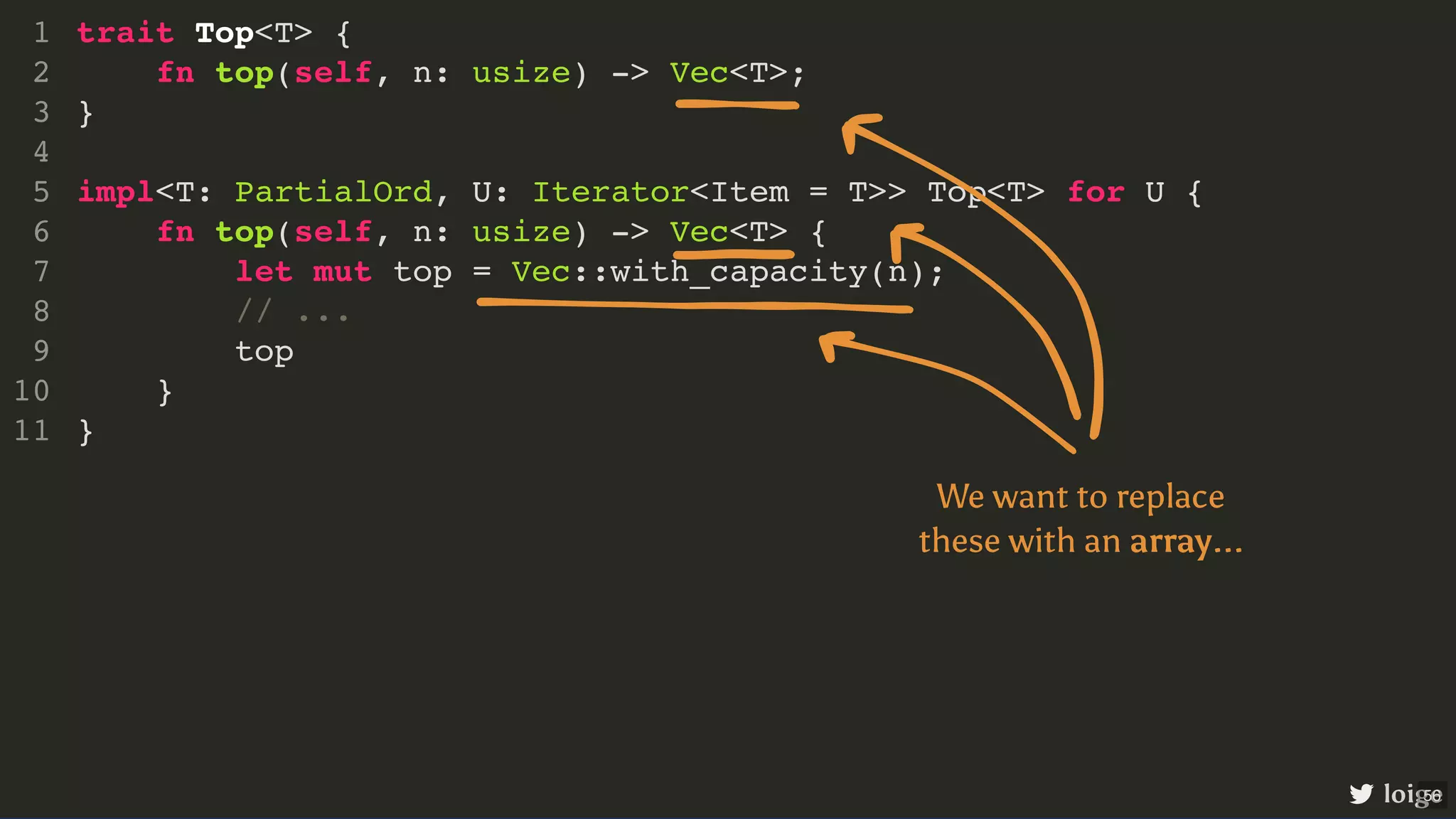 trait Top<T> { fn top(self, n: usize) -> Vec<T>; } impl<T: PartialOrd, U: Iterator<Item = T>> Top<T> for U { fn top(self, n: usize) -> Vec<T> { let mut top = Vec::with_capacity(n); // ... top } } 1 2 3 4 5 6 7 8 9 10 11 loige We want to replace these with an array... 56 