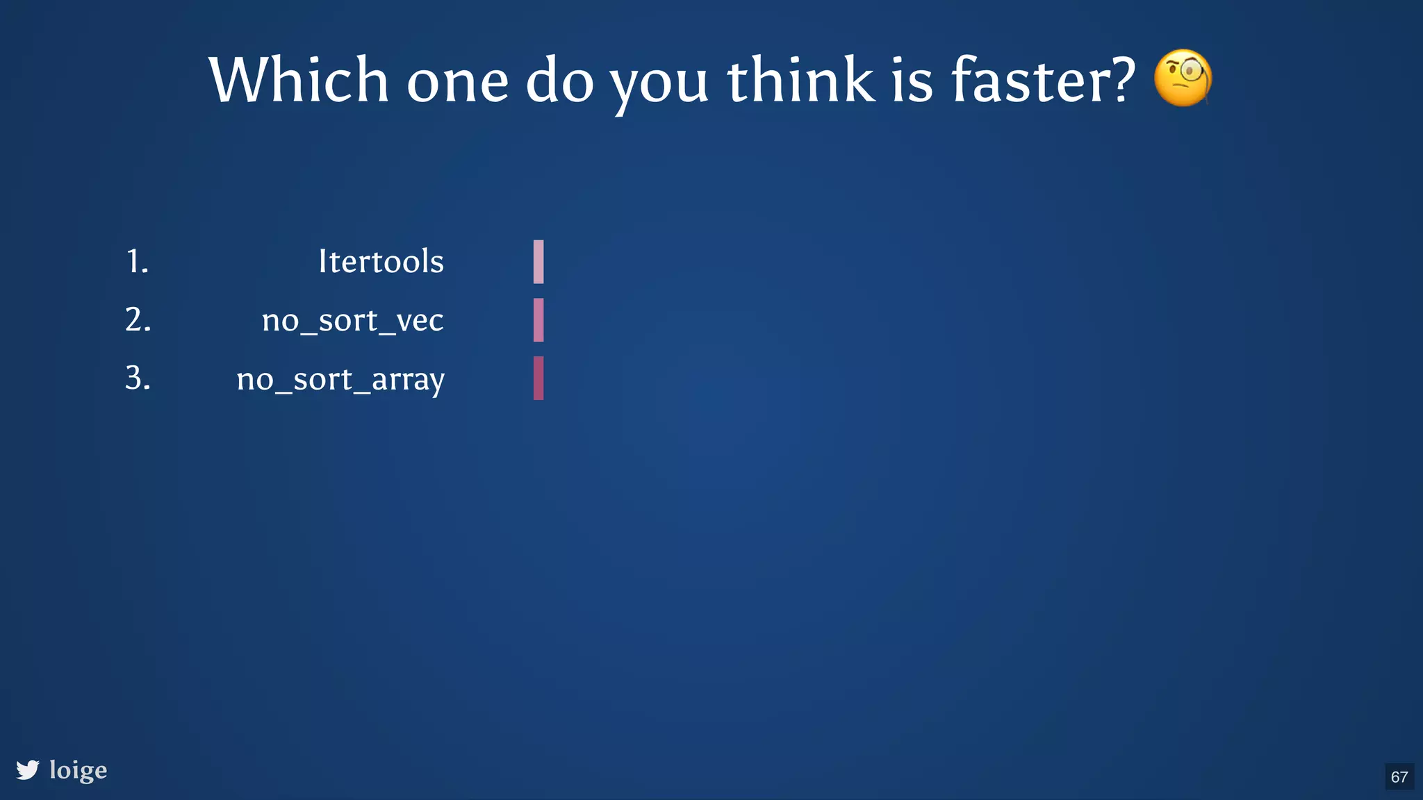 Which one do you think is faster? 🧐 loige Itertools no_sort_vec no_sort_array 1. 2. 3. 67 