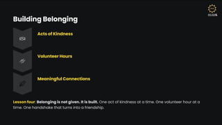 Building Belonging
Acts of Kindness
Volunteer Hours
Meaningful Connections
Lesson four: Belonging is not given. It is built. One act of kindness at a time. One volunteer hour at a
time. One handshake that turns into a friendship.
 